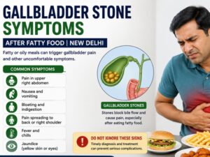 Illustration showing gallbladder stone symptoms including stomach pain after eating fatty food