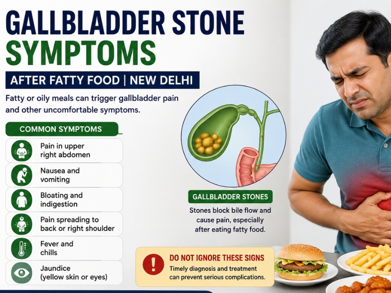 Illustration showing gallbladder stone symptoms including stomach pain after eating fatty food