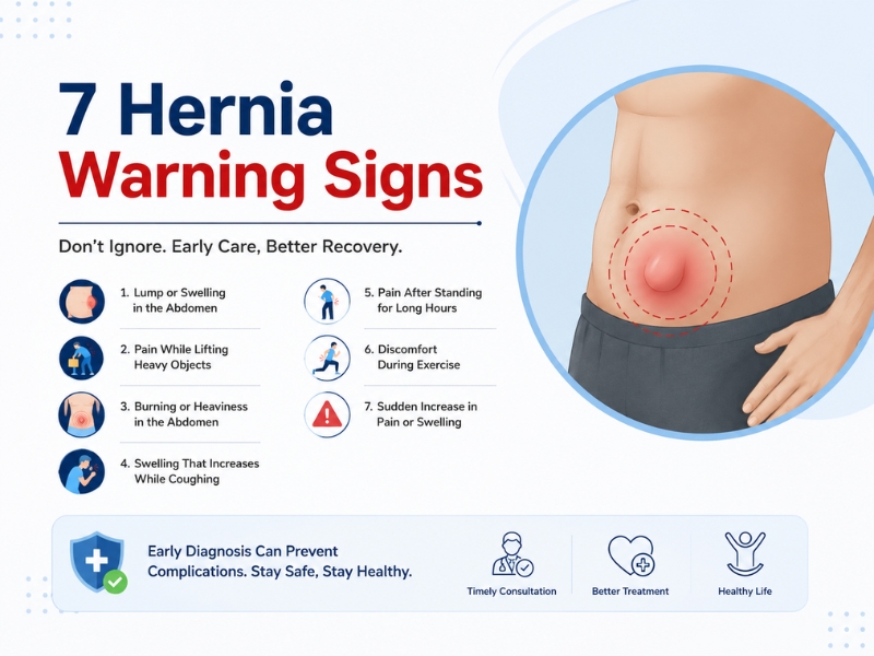 Hernia Warning Signs infographic showing abdominal swelling and common hernia symptoms