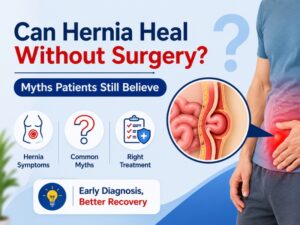 Hernia without surgery infographic showing abdominal swelling and hernia warning signs