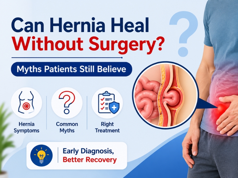 Hernia without surgery infographic showing abdominal swelling and hernia warning signs
