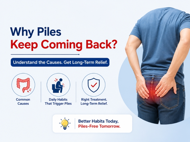 Recurring piles infographic showing causes, symptoms, and repeated piles discomfort